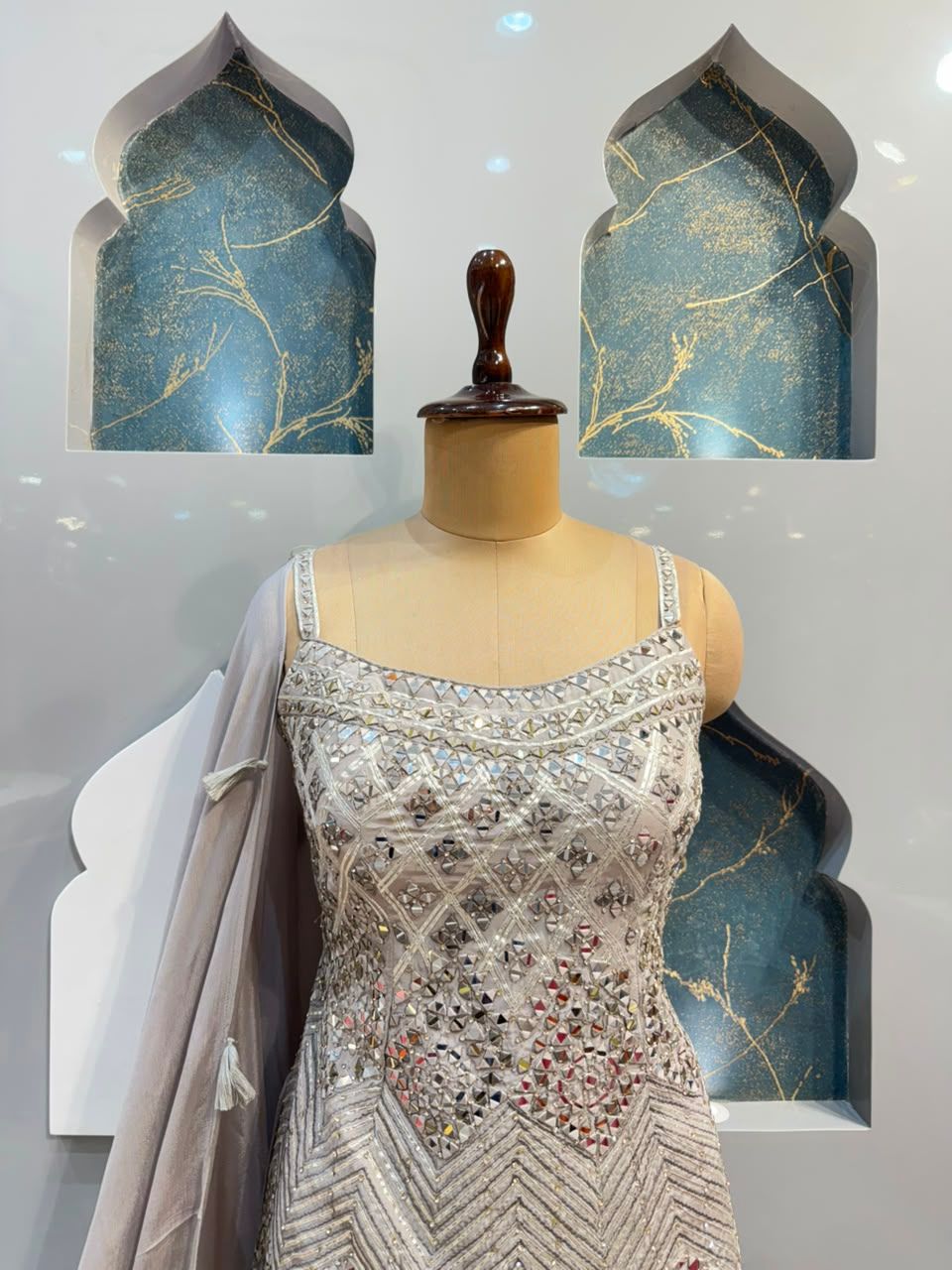"PEARL GREY MIRROR WORK DESIGNER SHARARA"