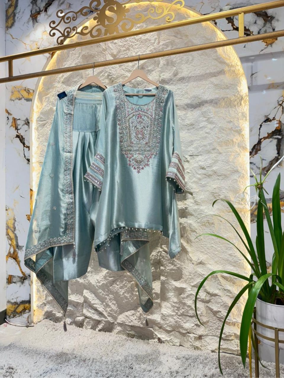"AQUA MIST REGAL EMBROIDERED SUIT"