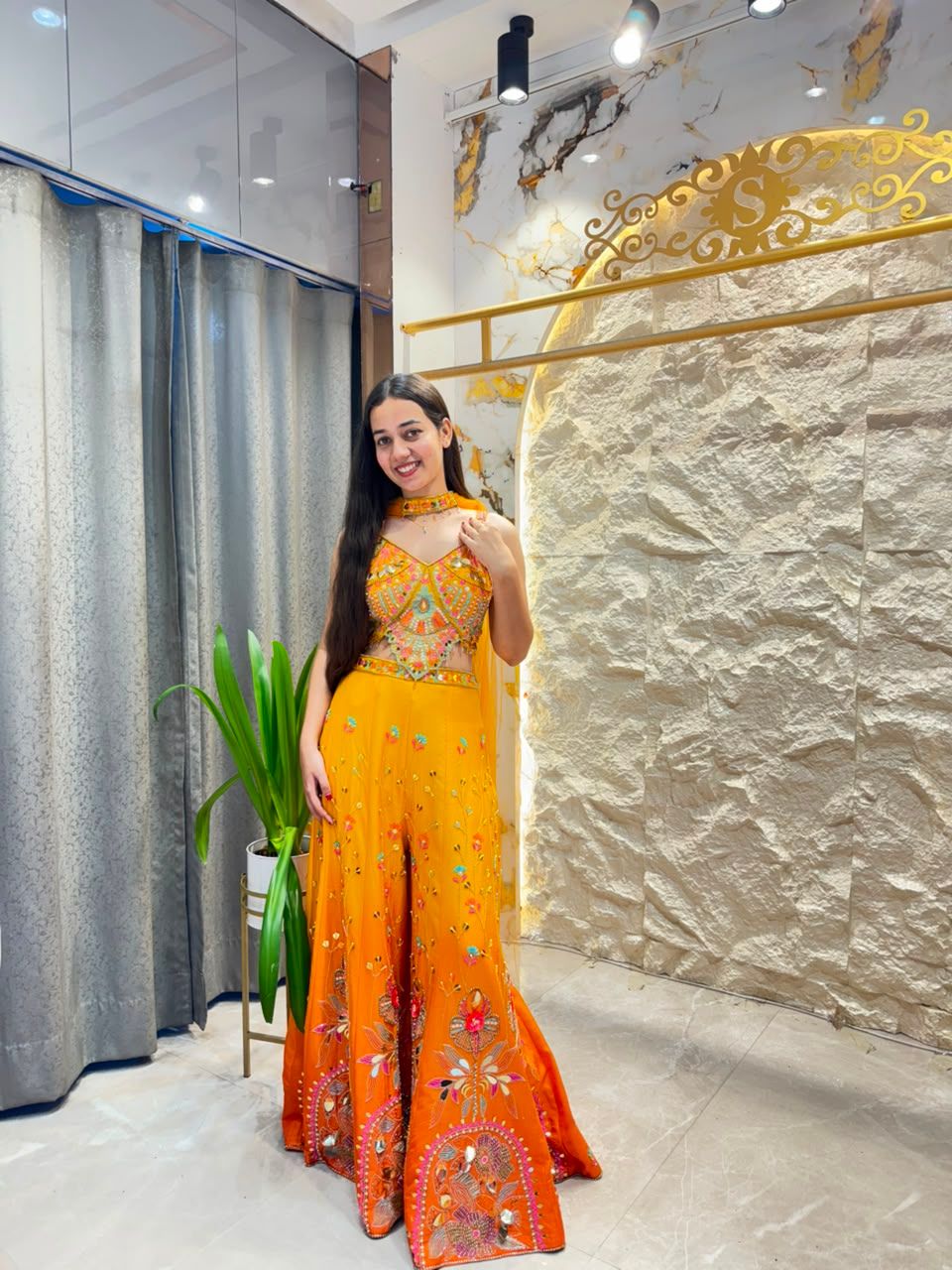"SUNSET ORANGE FLORAL EMBROIDERED INDO WESTERN"