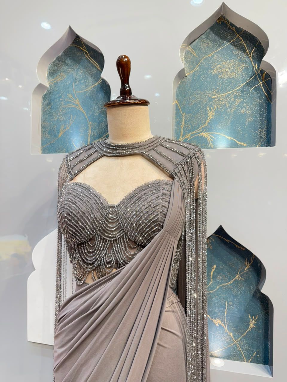 "SMOKEY SILVER CASCADE DRAPE SAREE"