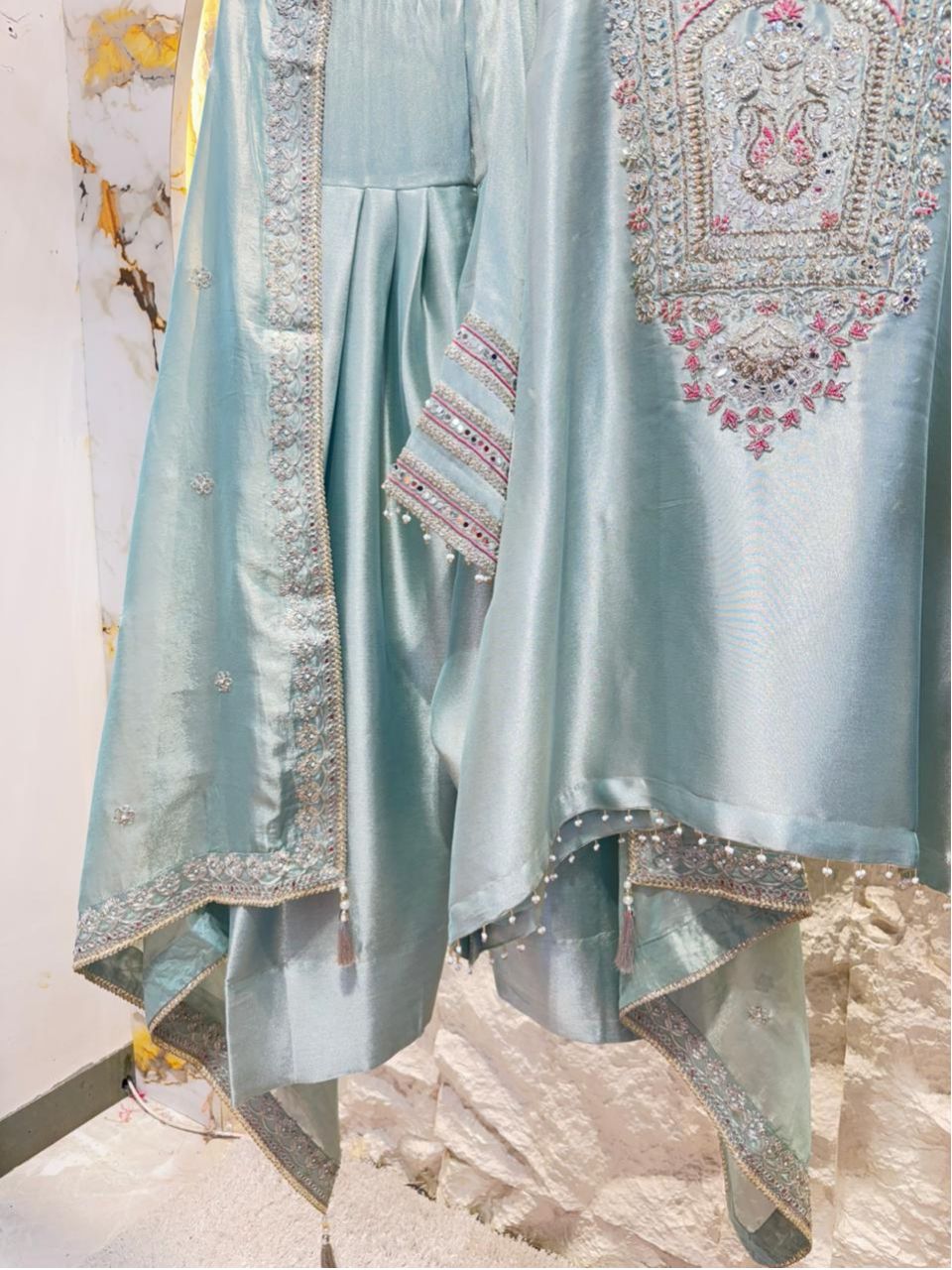 "AQUA MIST REGAL EMBROIDERED SUIT"