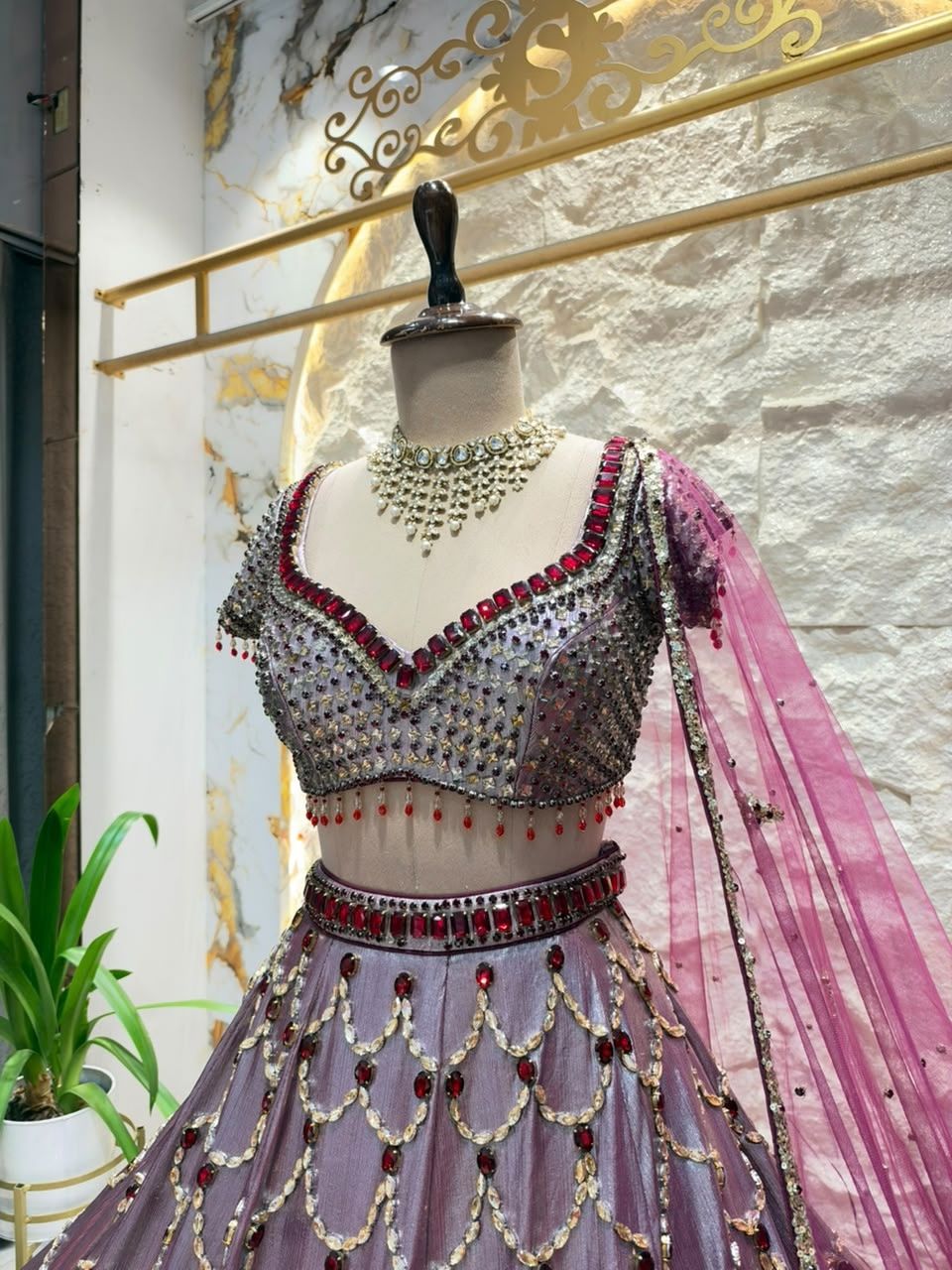 "PLUM LAVENDER PEARL EMBROIDERED LEHENGA"