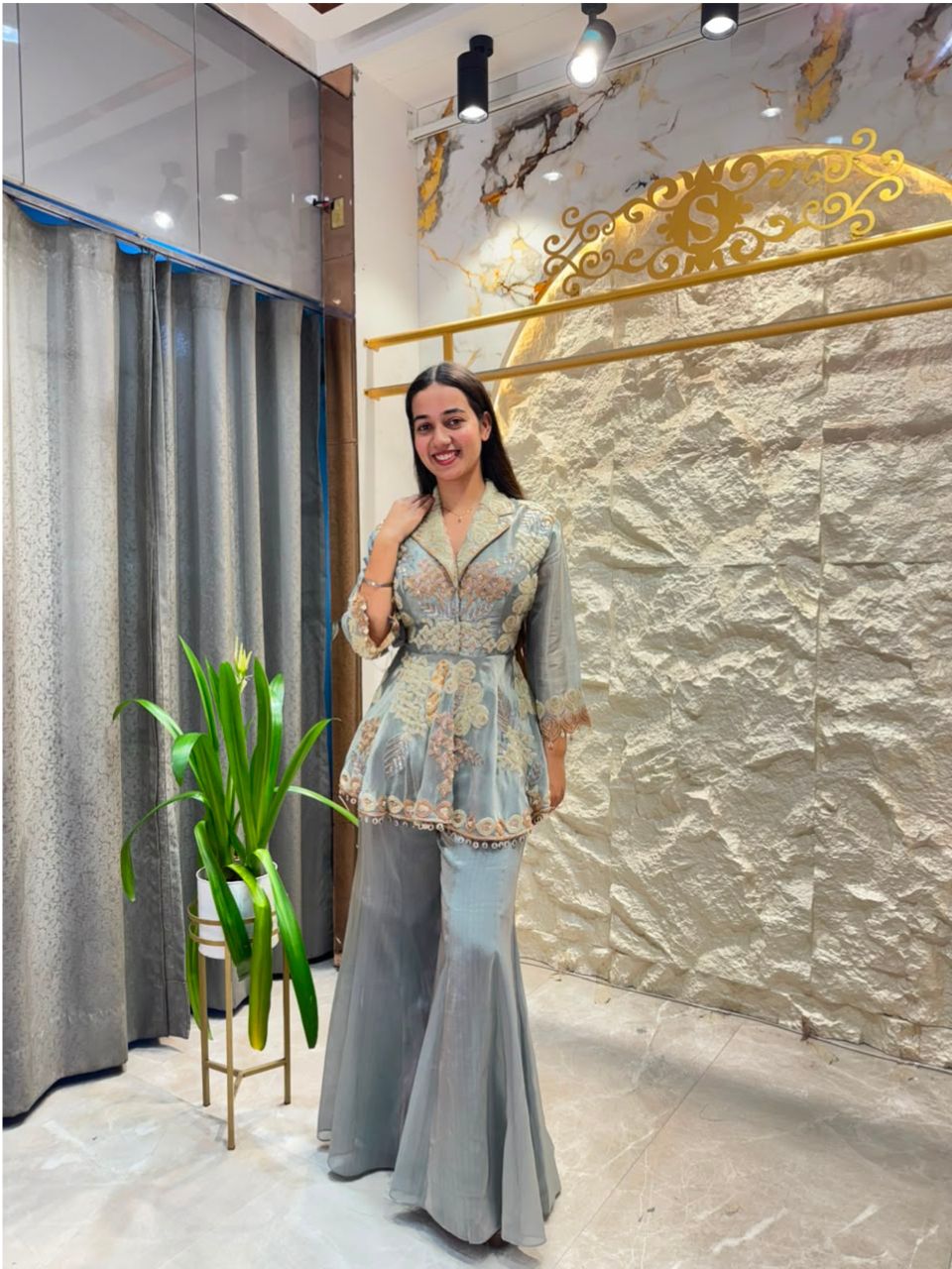 "ICE GREY EMBROIDERED PEPLUM INDO-WESTERN"