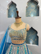 "AQUA BLUE AND SILVER EMBROIDERED LEHENGA"