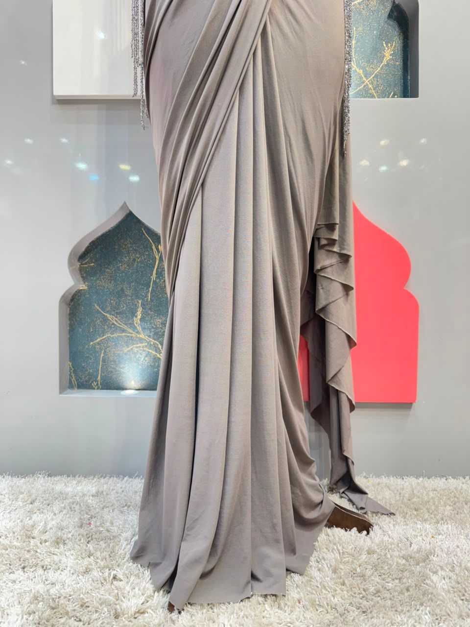 "SMOKEY SILVER CASCADE DRAPE SAREE"