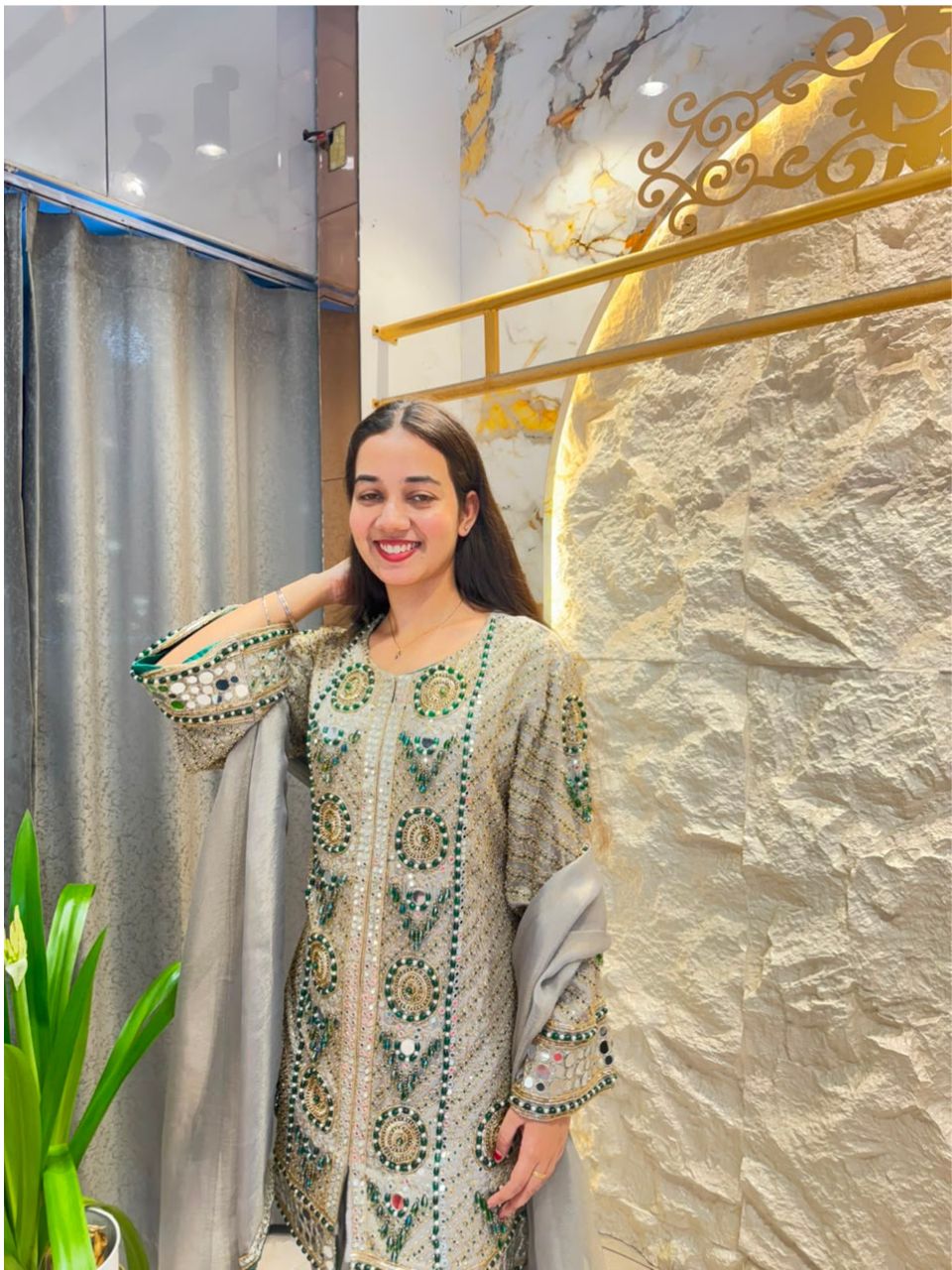 "GREY EMERALD MIRRORWORK EMBROIDERED SUIT"
