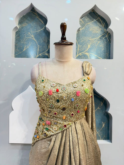 "CHAMPAGNE GOLD EMBELLISHED DRAPE SAREE"