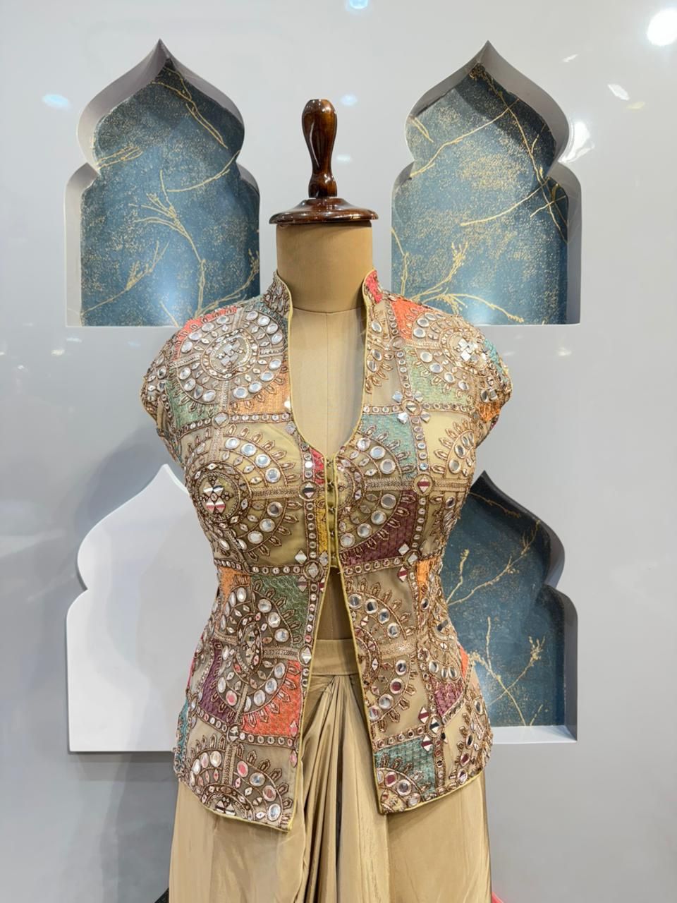 "IVORY GOLD EMBELLISHED JACKET DRAPE INDO-WESTERN"