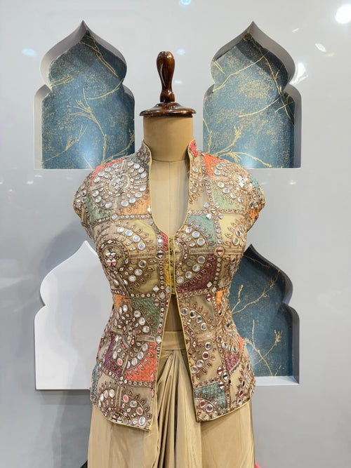 "IVORY GOLD EMBELLISHED JACKET DRAPE INDO-WESTERN"