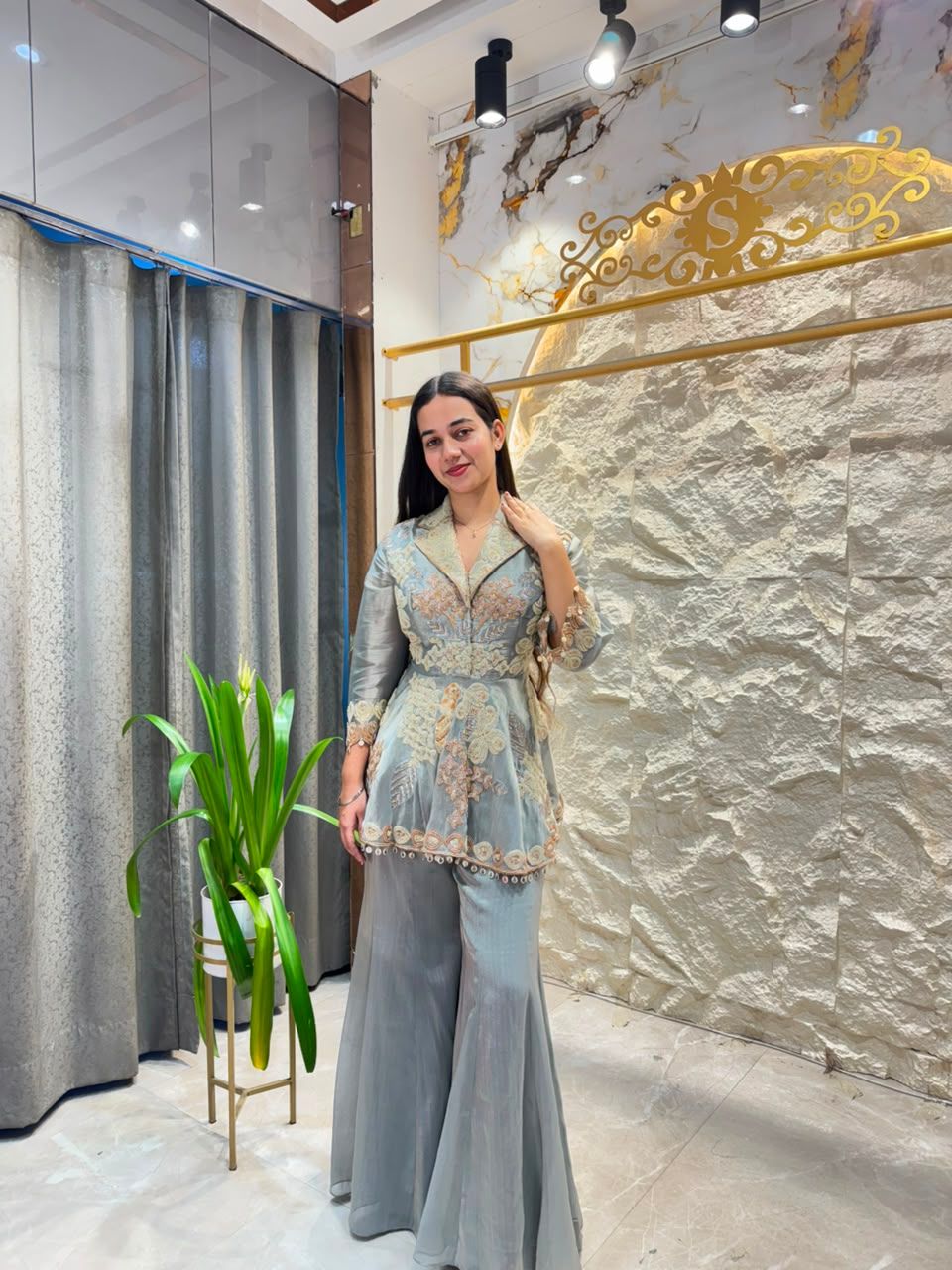 "ICE GREY EMBROIDERED PEPLUM INDO-WESTERN"