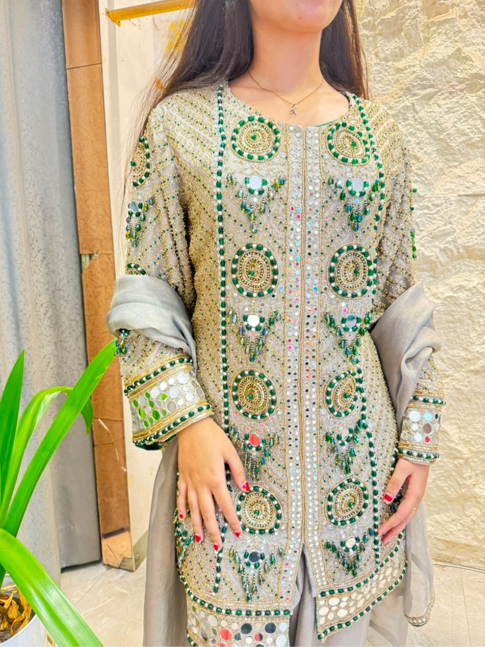 "GREY EMERALD MIRRORWORK EMBROIDERED SUIT"