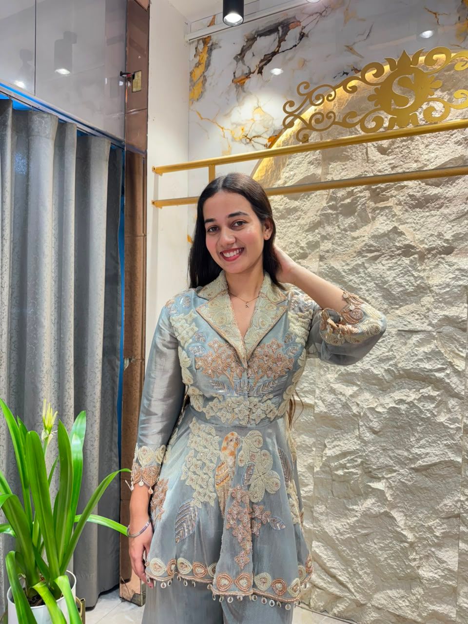 "ICE GREY EMBROIDERED PEPLUM INDO-WESTERN"