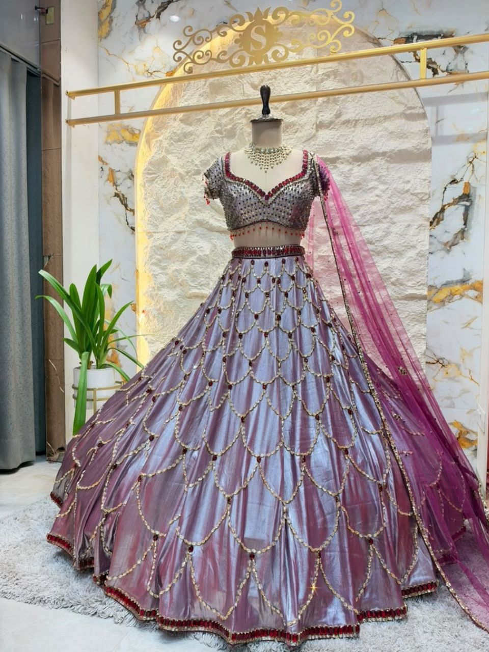 "PLUM LAVENDER PEARL EMBROIDERED LEHENGA"