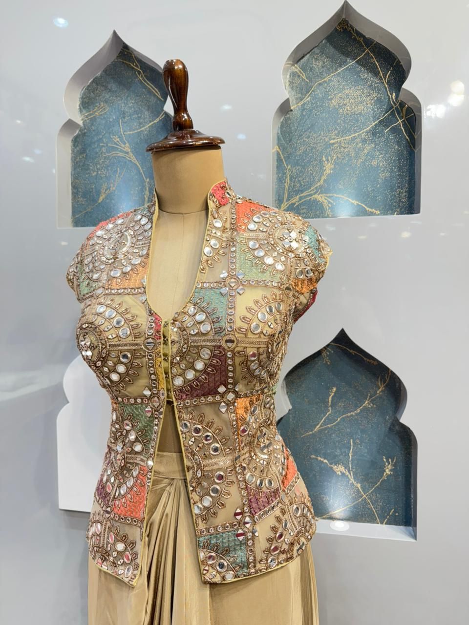 "IVORY GOLD EMBELLISHED JACKET DRAPE INDO-WESTERN"