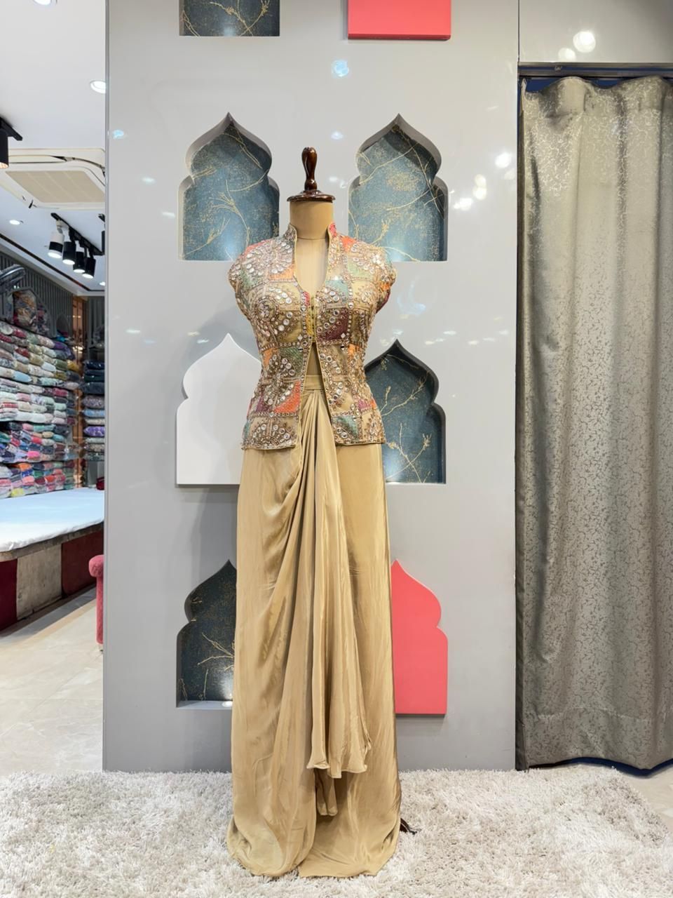 "IVORY GOLD EMBELLISHED JACKET DRAPE INDO-WESTERN"