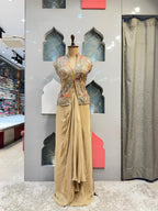 "IVORY GOLD EMBELLISHED JACKET DRAPE INDO-WESTERN"