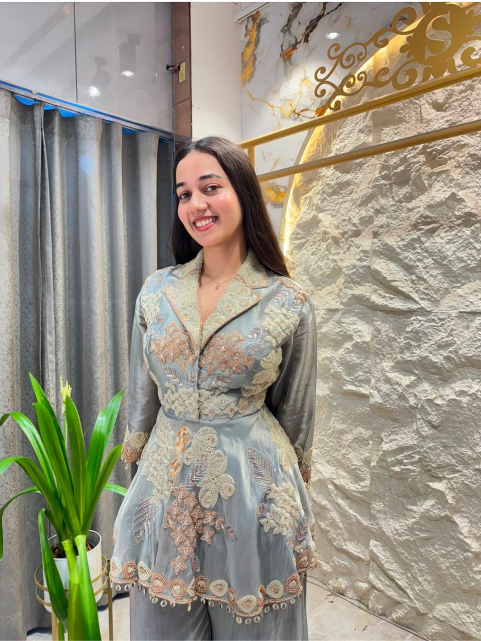 "ICE GREY EMBROIDERED PEPLUM INDO-WESTERN"