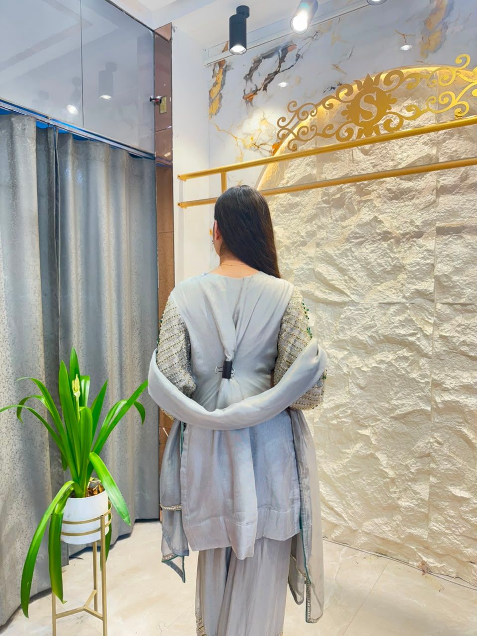 "GREY EMERALD MIRRORWORK EMBROIDERED SUIT"