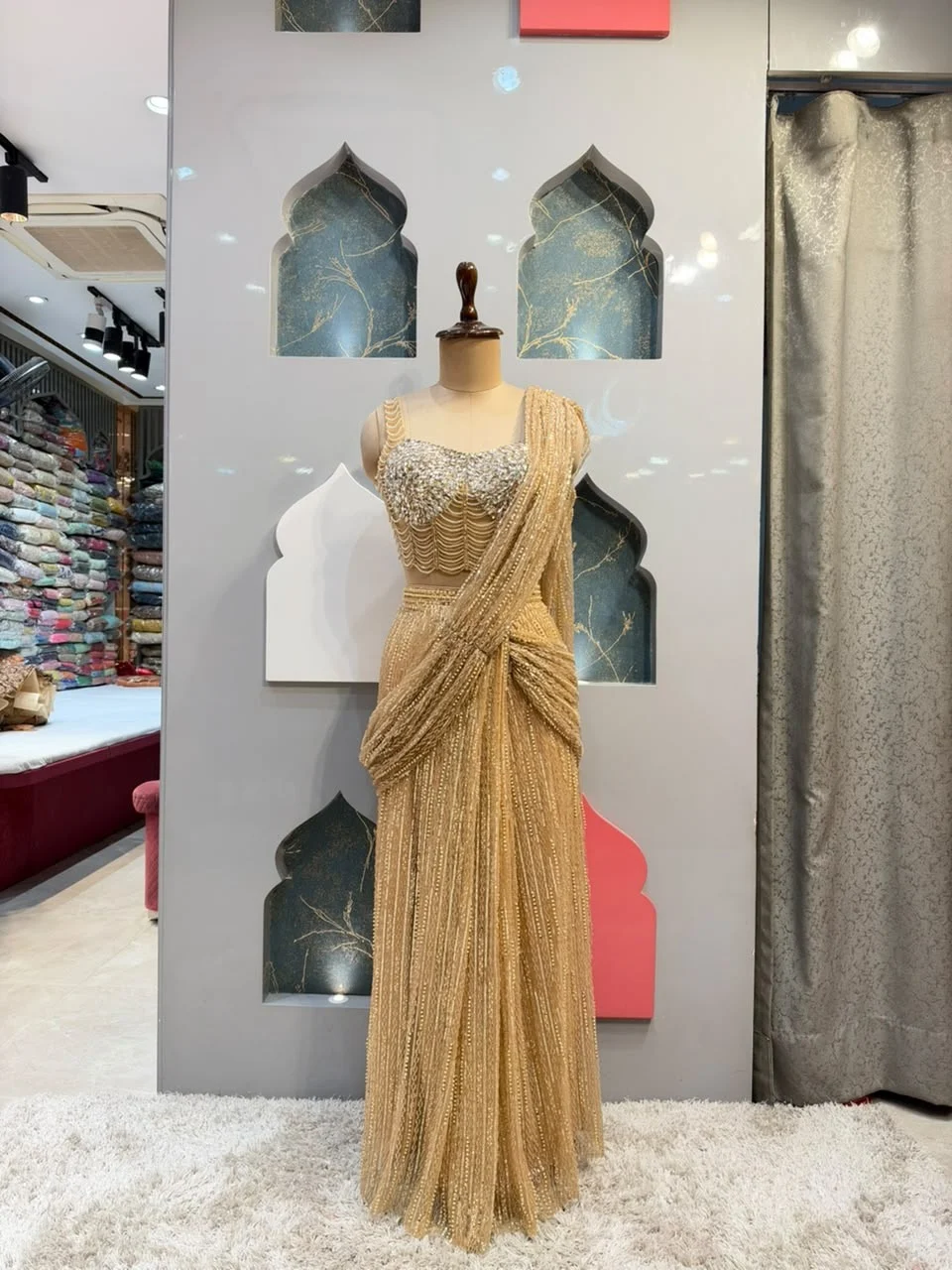 "LUXURY CHAMPAGNE GOLD DRAPE SAREE"