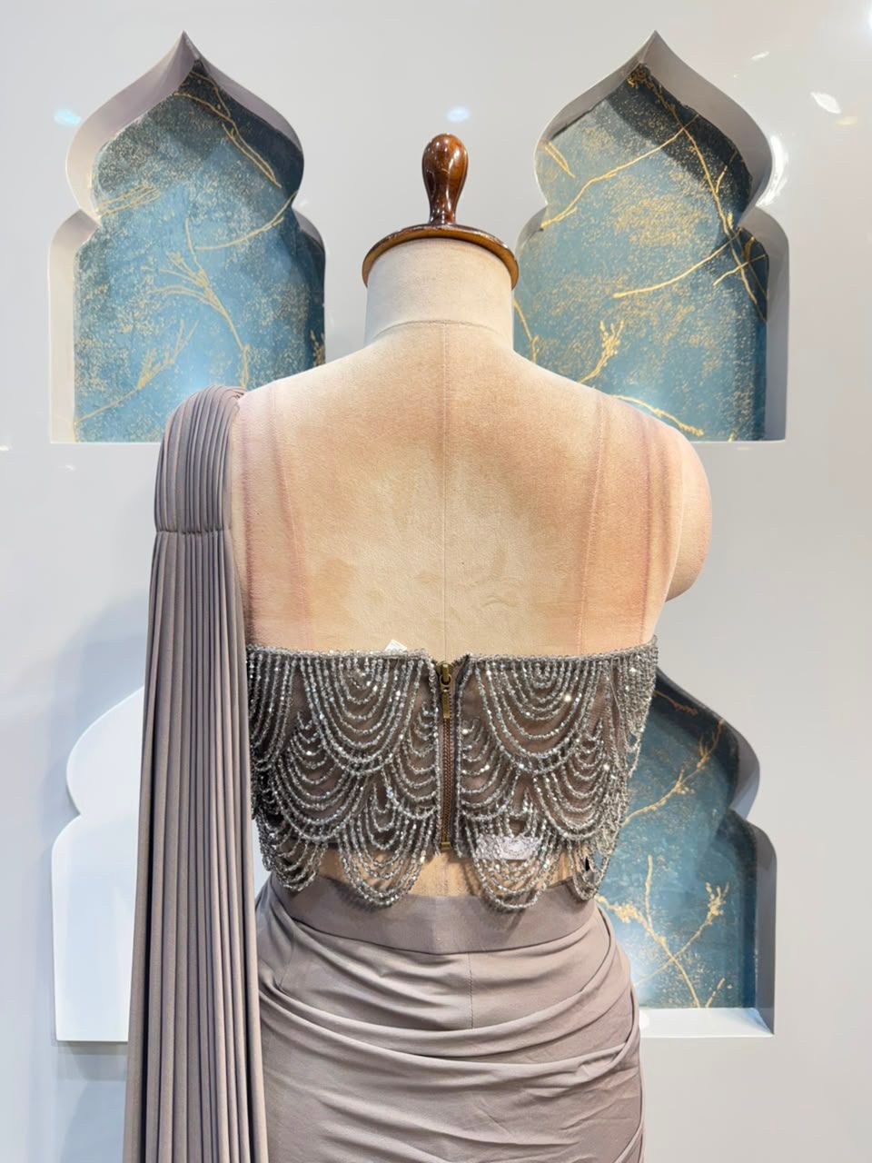 "SMOKEY SILVER CASCADE DRAPE SAREE"