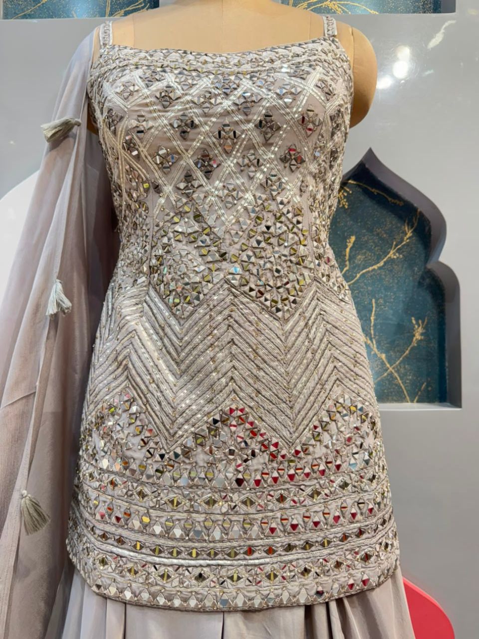 "PEARL GREY MIRROR WORK DESIGNER SHARARA"