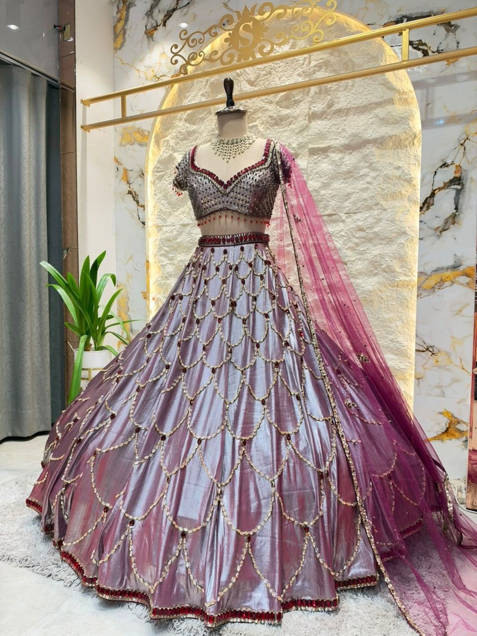 "PLUM LAVENDER PEARL EMBROIDERED LEHENGA"