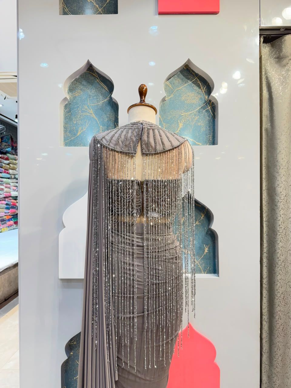 "SMOKEY SILVER CASCADE DRAPE SAREE"