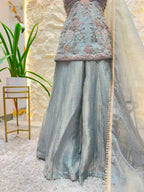 "SAGE GREY EMBROIDERED PEPLUM SHARARA"