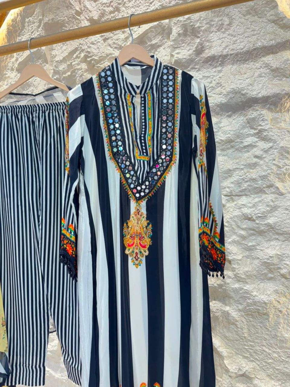 "MIDNIGHT MUSE STRIPED EMBROIDERED SUIT"