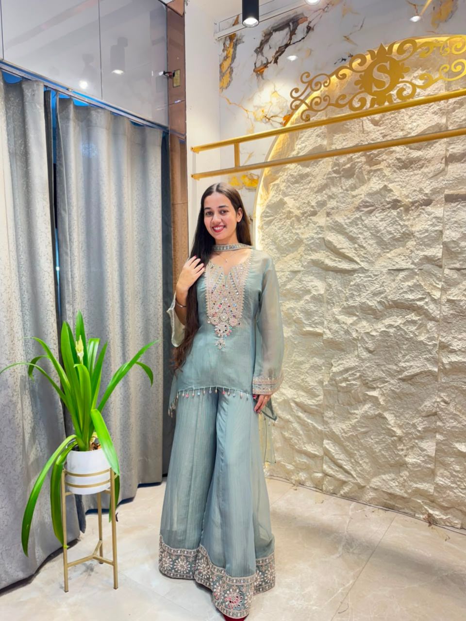 "MISTY BLUE EMBROIDERED INDO-WESTERN"