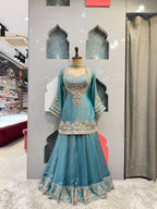 "TEAL BLUE EMBROIDERED PEPLUM INDO-WESTERN"