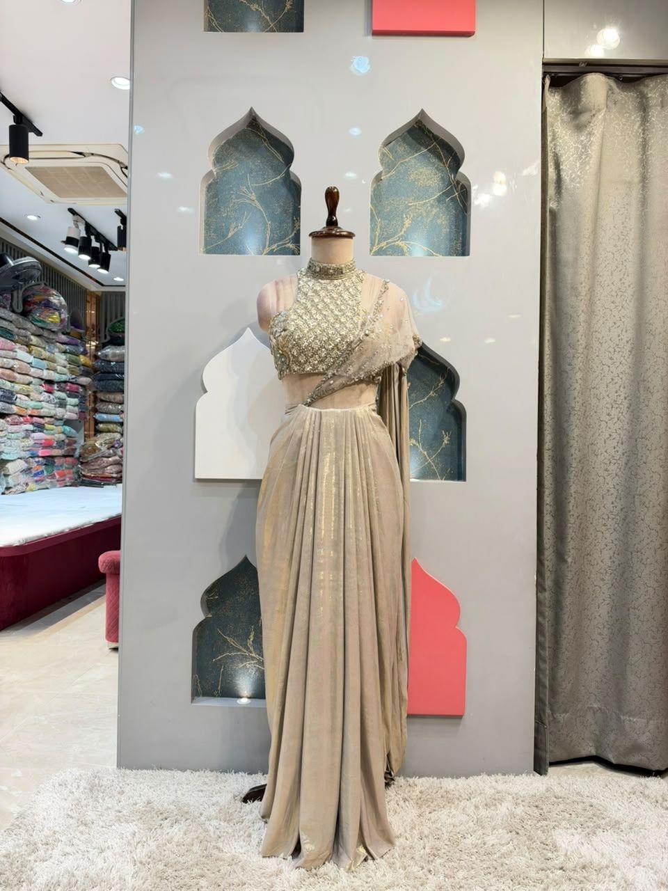 "CHAMPGNE GOLD EMBELLISHED DRAPE SAREE"