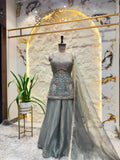 "SAGE GREY EMBROIDERED PEPLUM SHARARA"