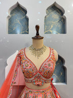 "CORAL MULTICOLOUR HERITAGE EMBROIDERED LEHENGA"