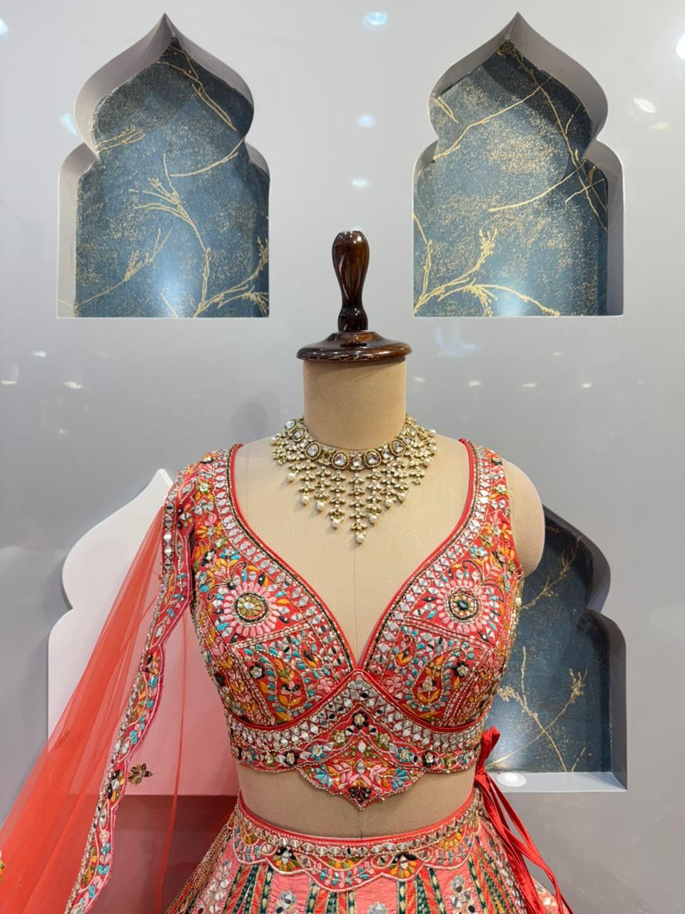 "CORAL MULTICOLOUR HERITAGE EMBROIDERED LEHENGA"