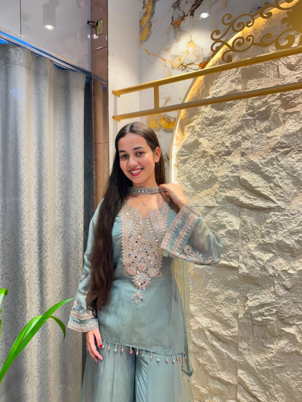 "MISTY BLUE EMBROIDERED INDO-WESTERN"