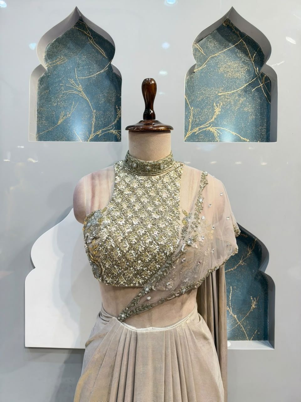 "CHAMPGNE GOLD EMBELLISHED DRAPE SAREE"