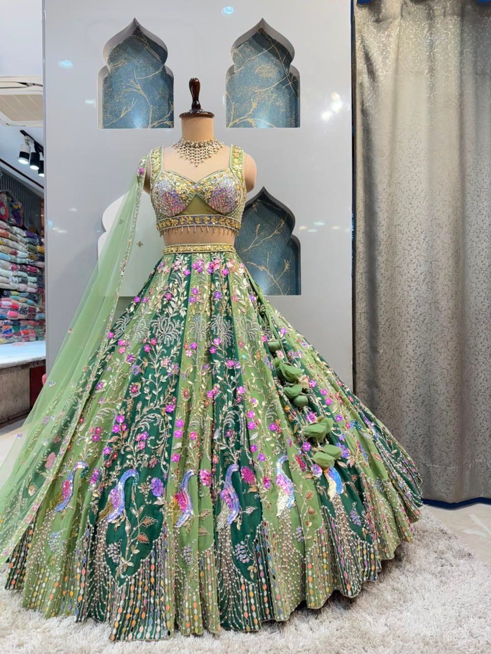 "MEHREEN SAGE GREEN FLORAL EMBROIDERED LEHENGA"