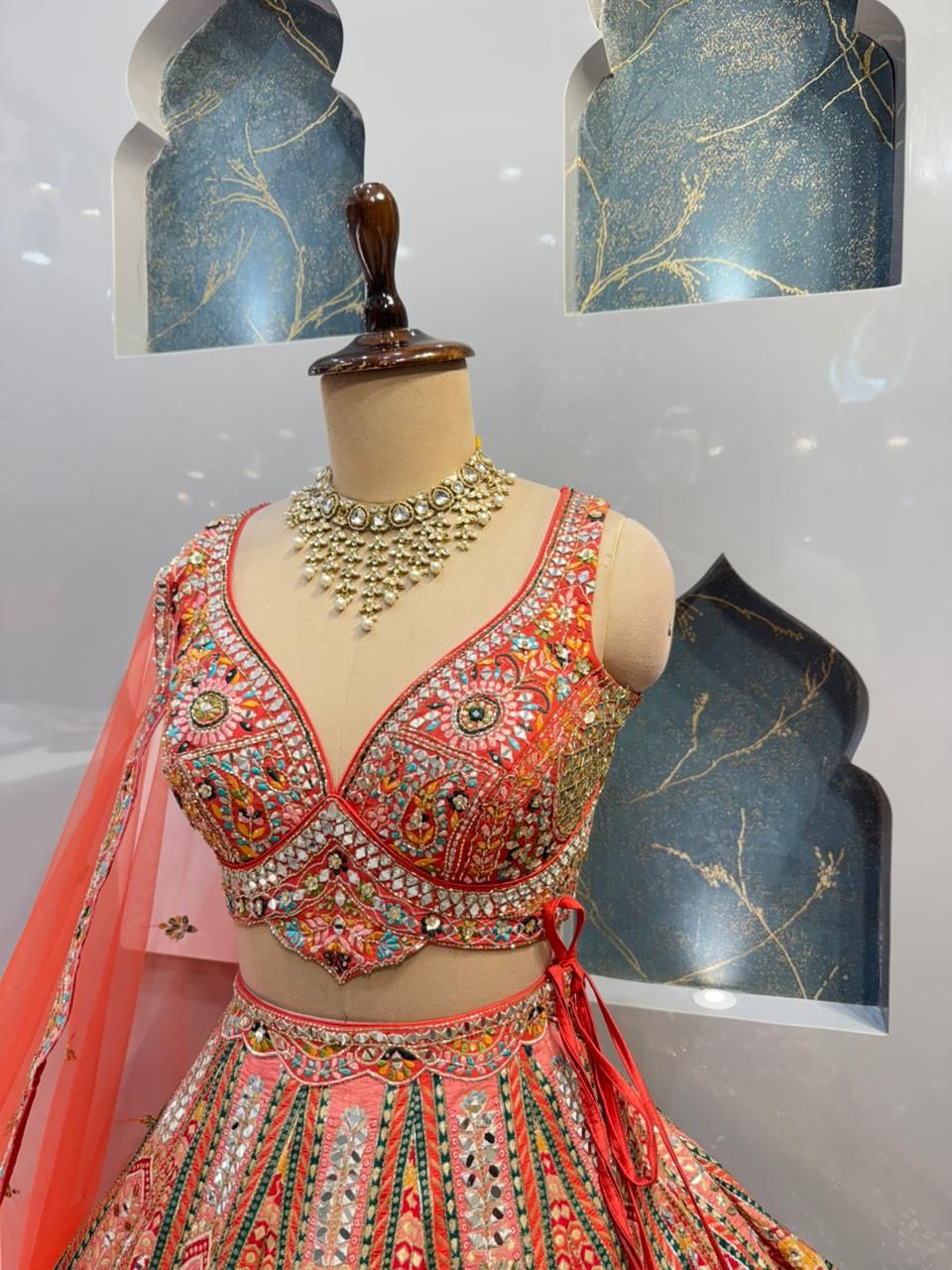 "CORAL MULTICOLOUR HERITAGE EMBROIDERED LEHENGA"