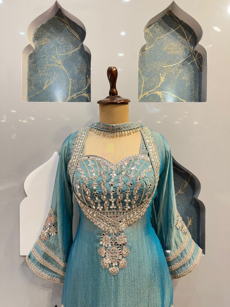 "TEAL BLUE EMBROIDERED PEPLUM INDO-WESTERN"