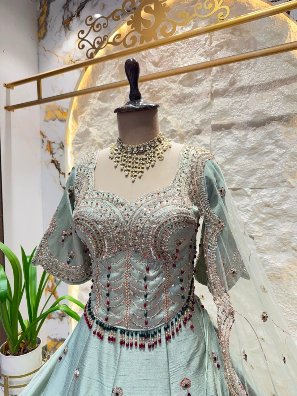 "SEA GREEN ZARI EMBROIDERED LEHENGA"