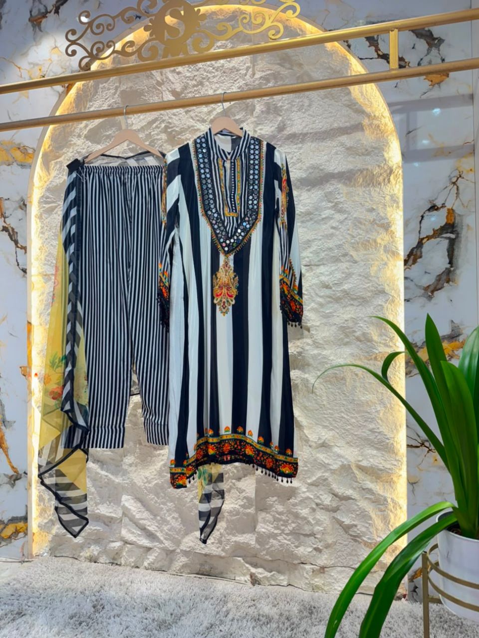 "MIDNIGHT MUSE STRIPED EMBROIDERED SUIT"