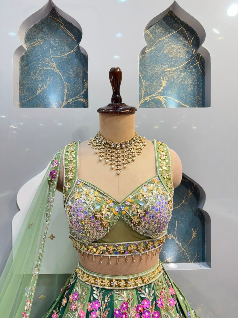 "MEHREEN SAGE GREEN FLORAL EMBROIDERED LEHENGA"