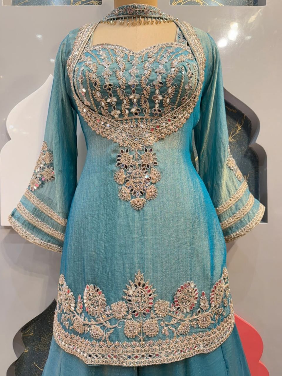 "TEAL BLUE EMBROIDERED PEPLUM INDO-WESTERN"