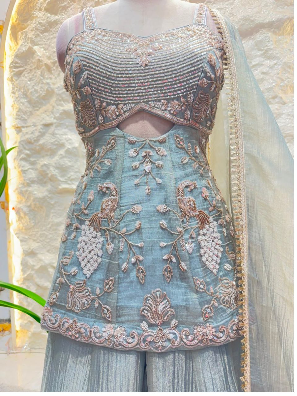 "SAGE GREY EMBROIDERED PEPLUM SHARARA"