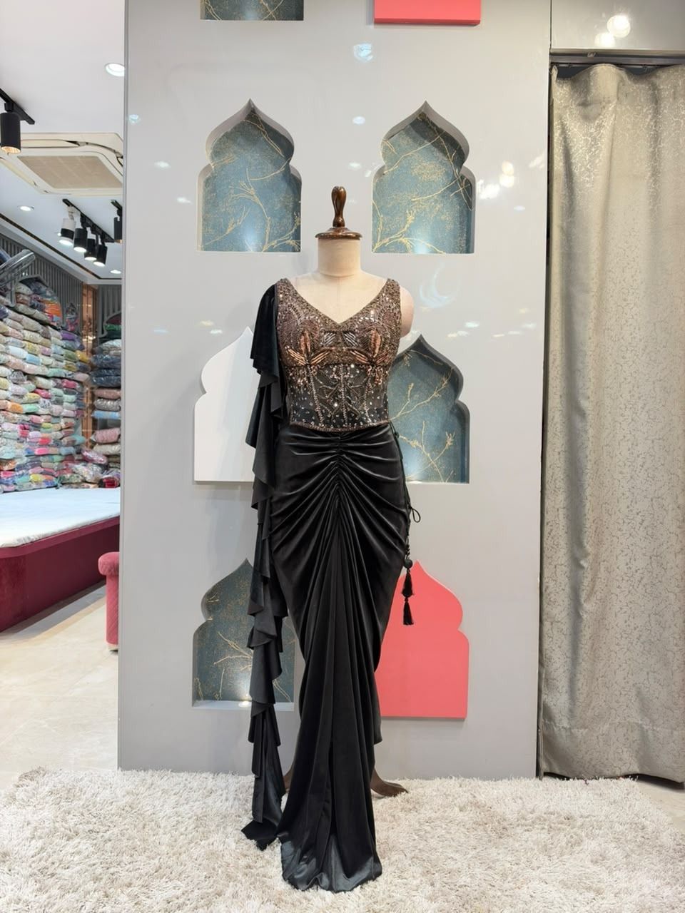 "MIDNIGHT BLACK DRAPED INDO WESTERN"