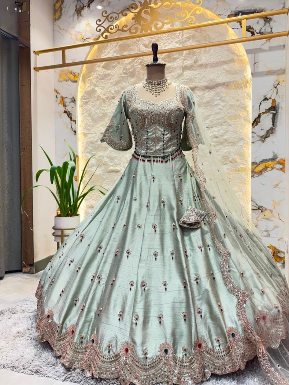 "SEA GREEN ZARI EMBROIDERED LEHENGA"
