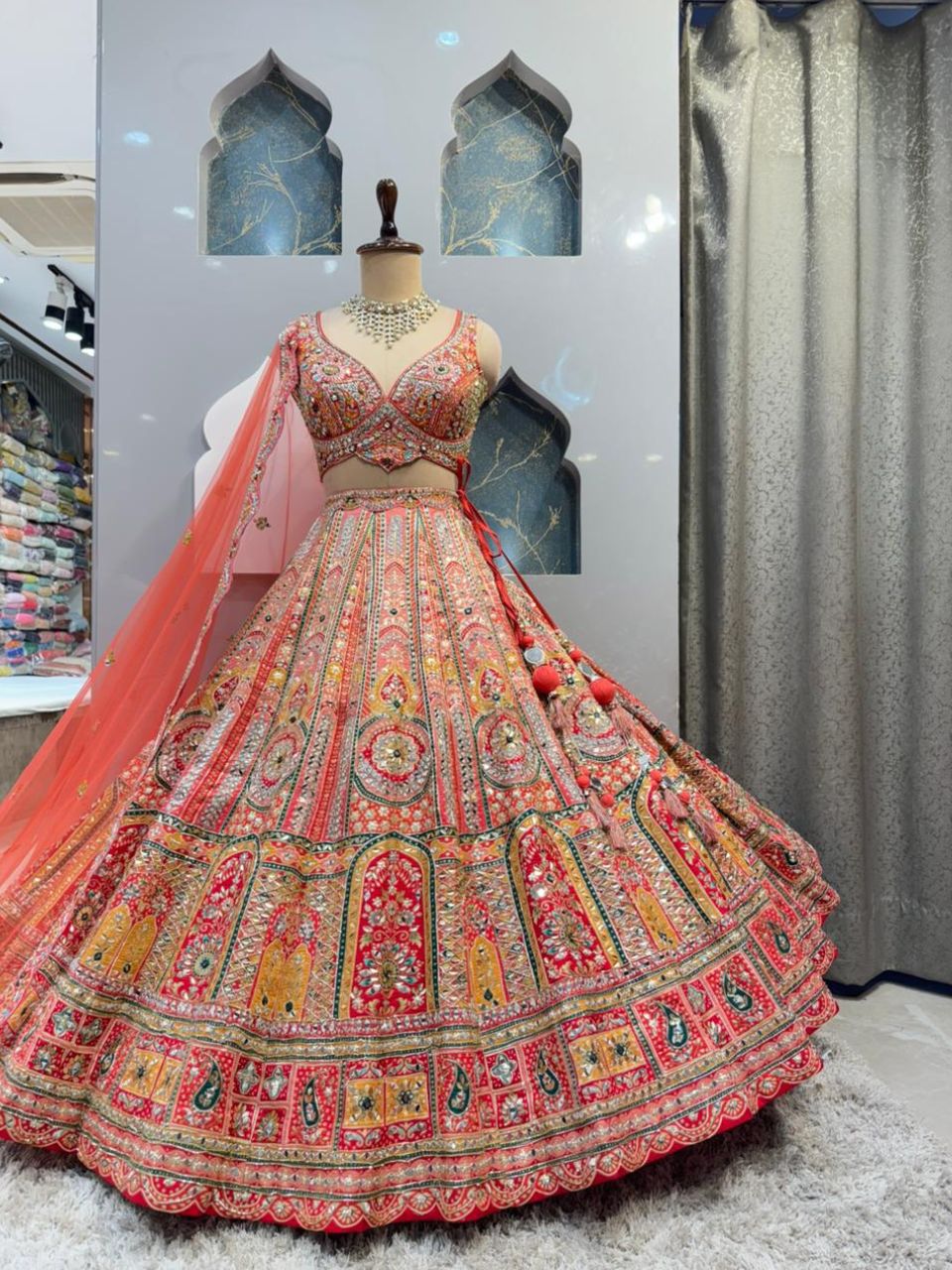 "CORAL MULTICOLOUR HERITAGE EMBROIDERED LEHENGA"
