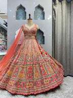 "CORAL MULTICOLOUR HERITAGE EMBROIDERED LEHENGA"
