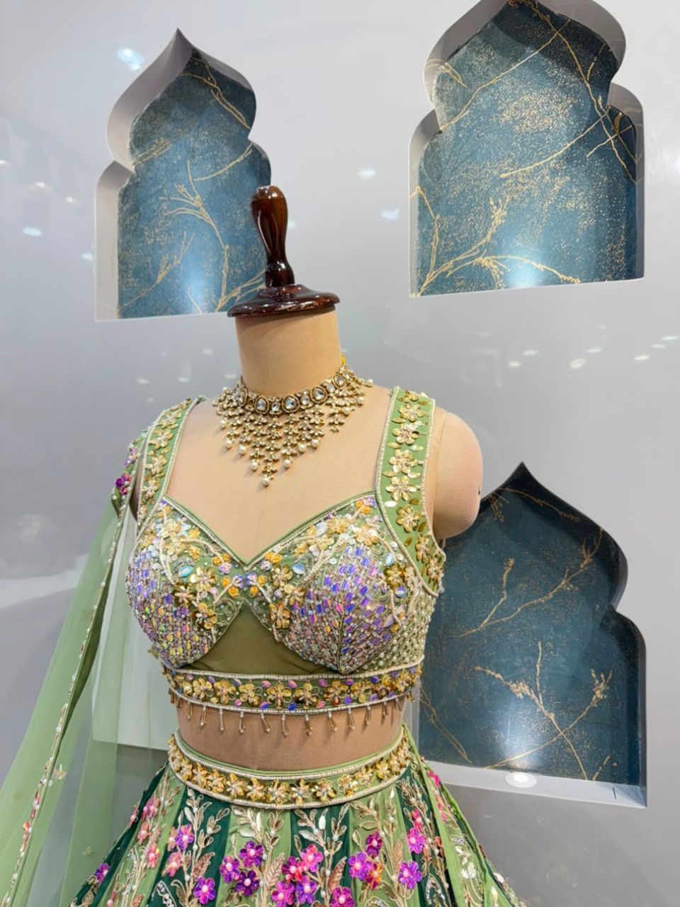 "MEHREEN SAGE GREEN FLORAL EMBROIDERED LEHENGA"